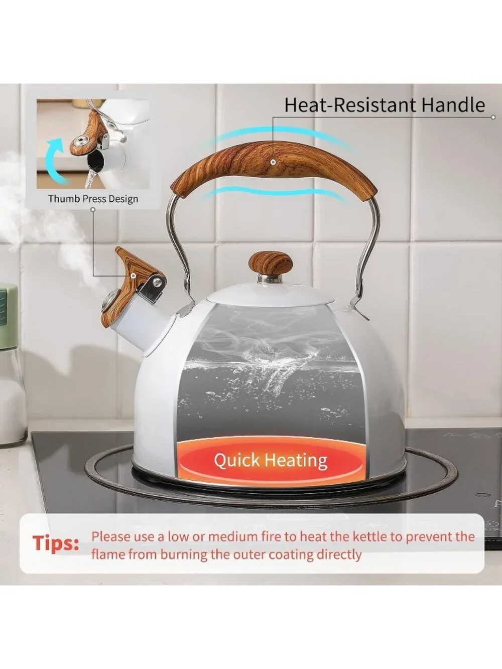 White Kitchen Whistling Tea Kettle 2.5 QT Stainless Steel Wood Folding Handle